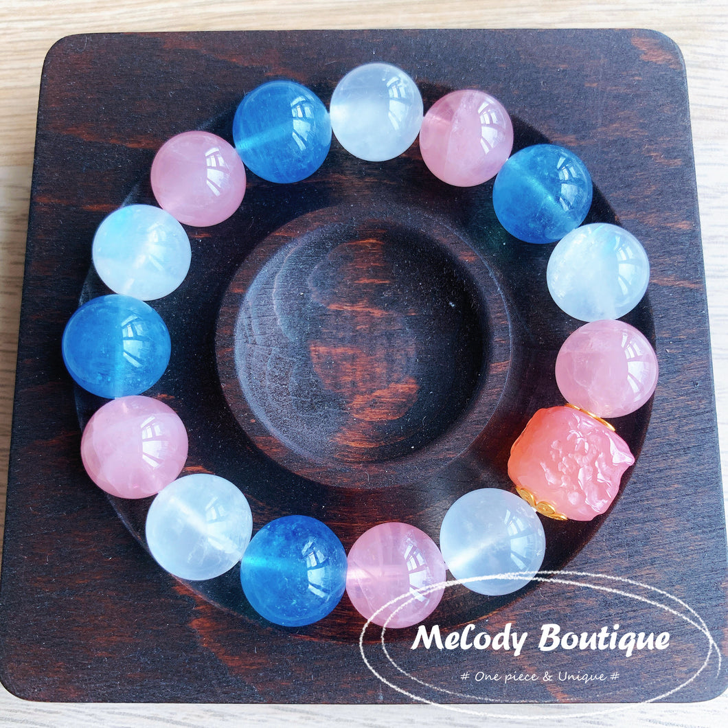 Aquamarine & Pink Quartz & Moon Stone & Agate Bracelet