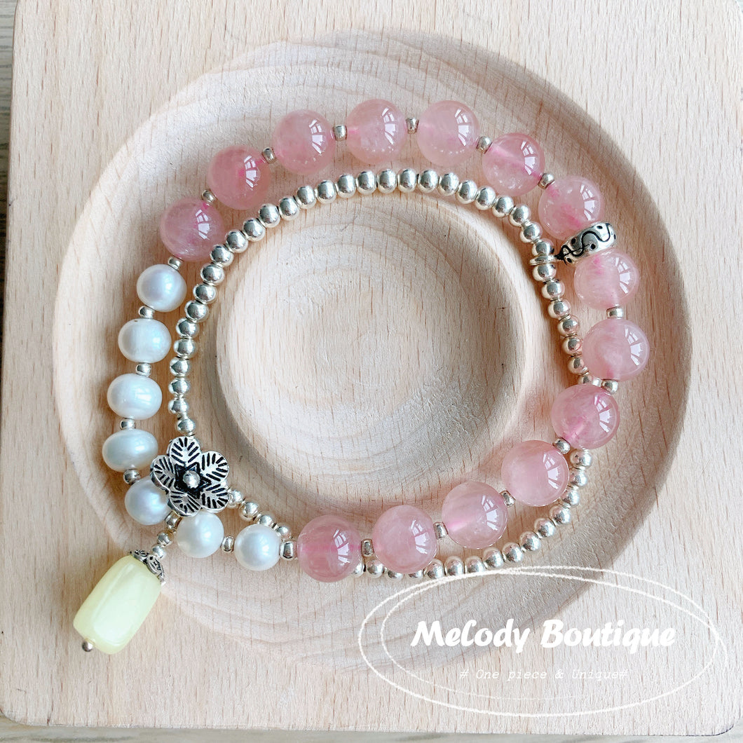 Pink Quartz & Amber & Freshwater pearl  2 in 1 Silver Bracelet